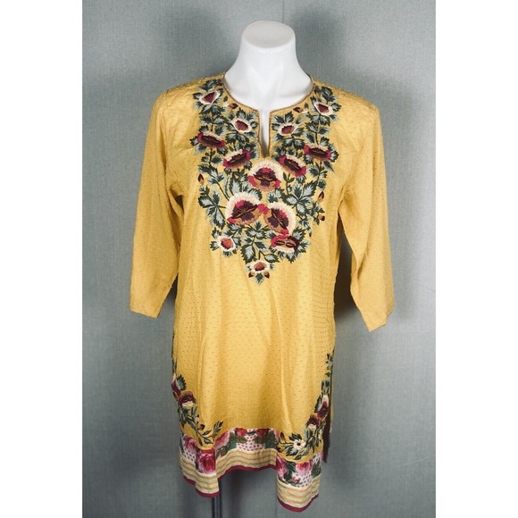 RITU KUMAR Mini Dress Medium Shift Embroidered Floral Gold Yellow Side Slits NEW - Picture 1 of 11